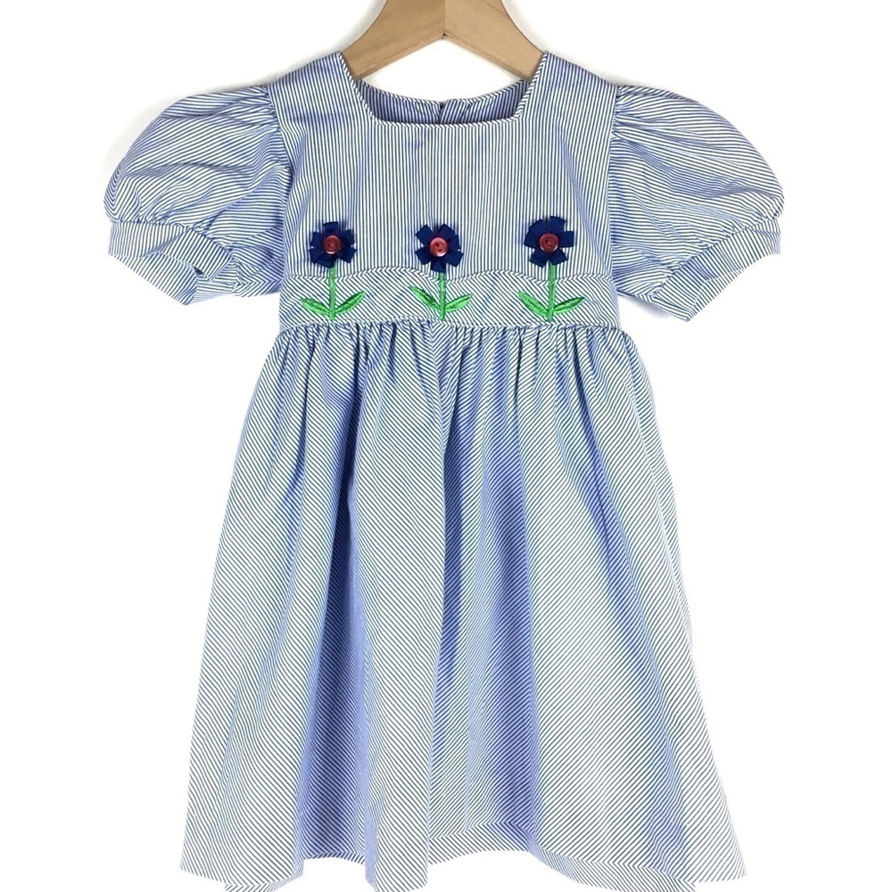 VINTAGE Sikaffy Dress 3D Flowers Stripe Prairie Bubble Sleeve Easter Size 4T
